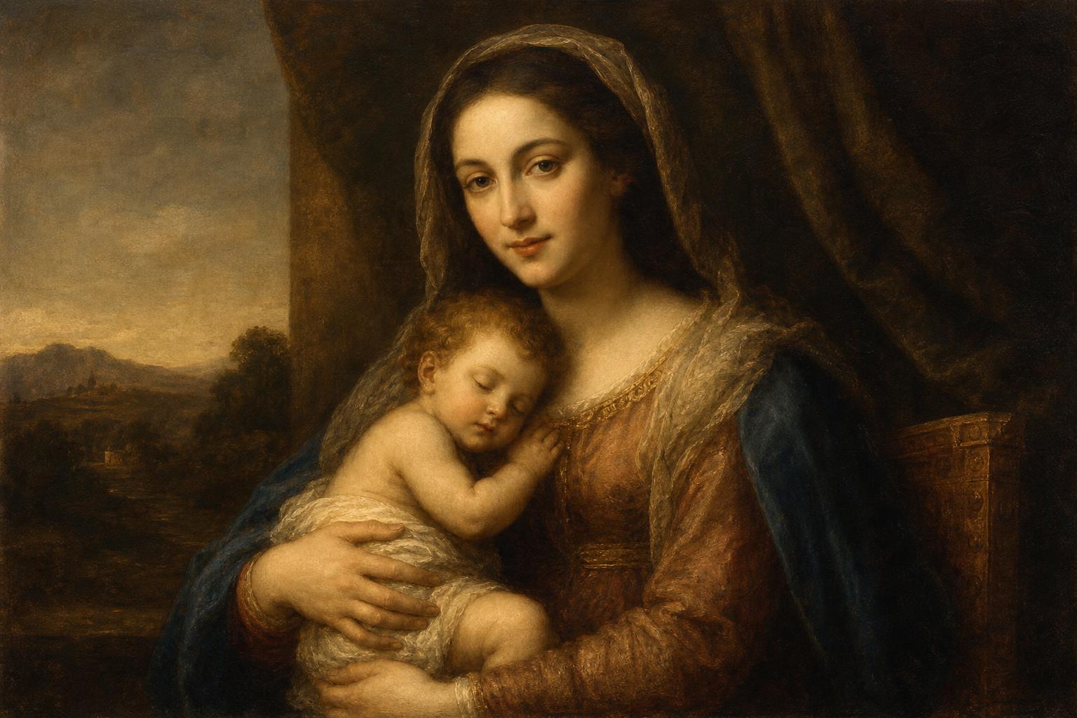 Renaissance-style portrait of a mother with her child